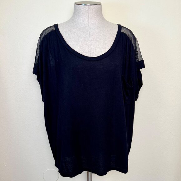 SOPRANO Black Sheer Polka Dot Mesh Panel Short Sleeve Top Size Large - Picture 1 of 9